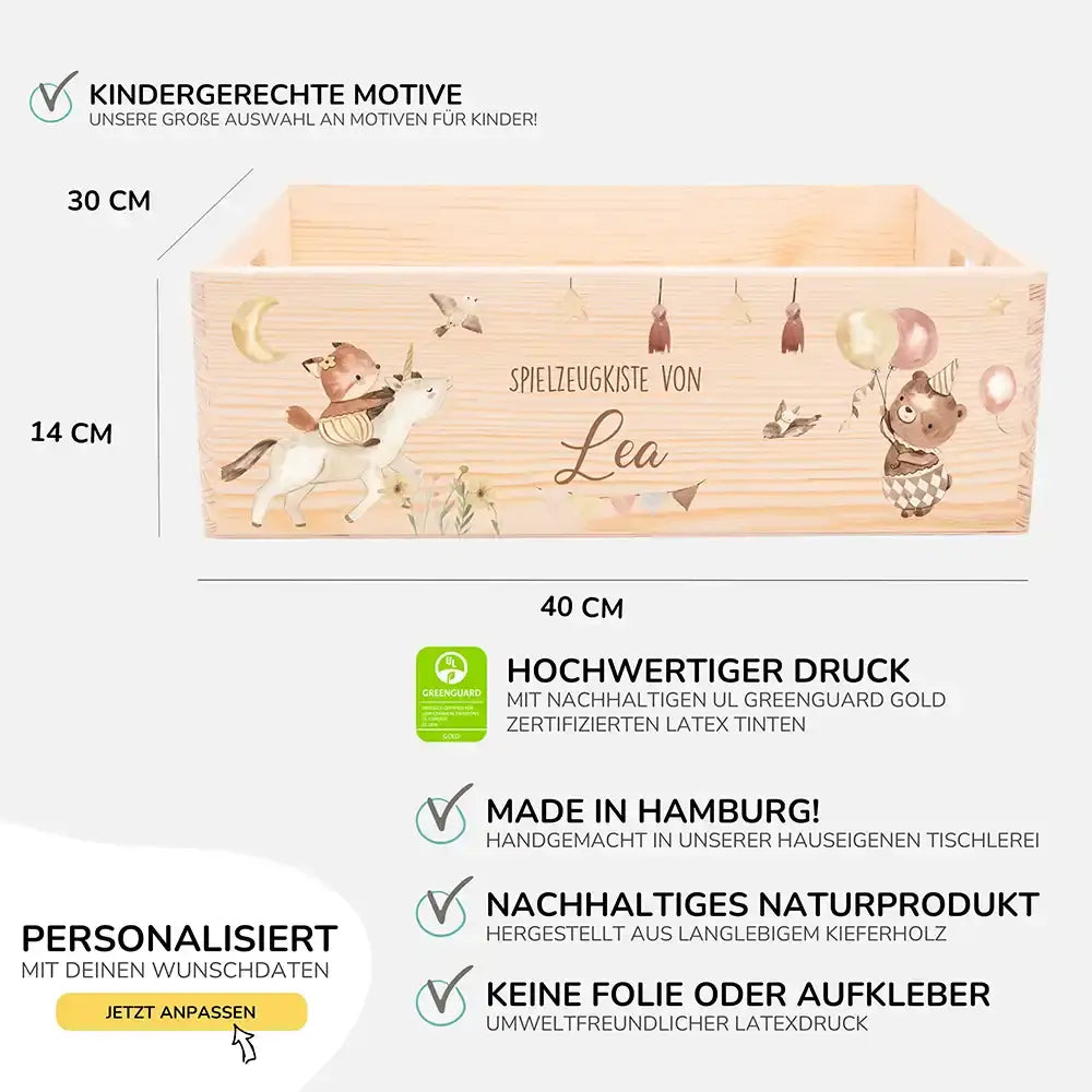 Spielzeugkiste personalisiert mit Namen - Regenbogen Fantasiewelt