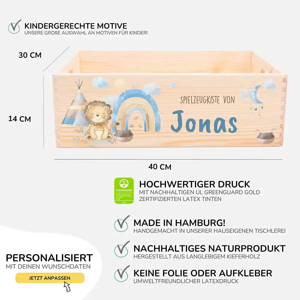 Spielzeugkiste personalisiert mit Namen - Löwe mit Regenbogen