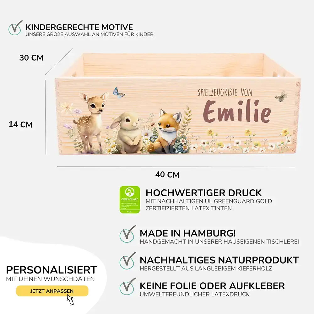 Spielzeugkiste personalisiert mit Namen - Fuchs, Hase und Reh