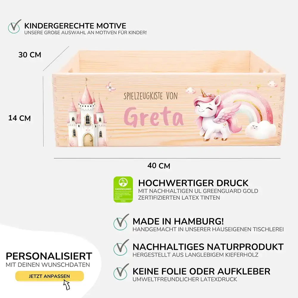 Spielzeugkiste personalisiert mit Namen - Einhorn Zauberwelt