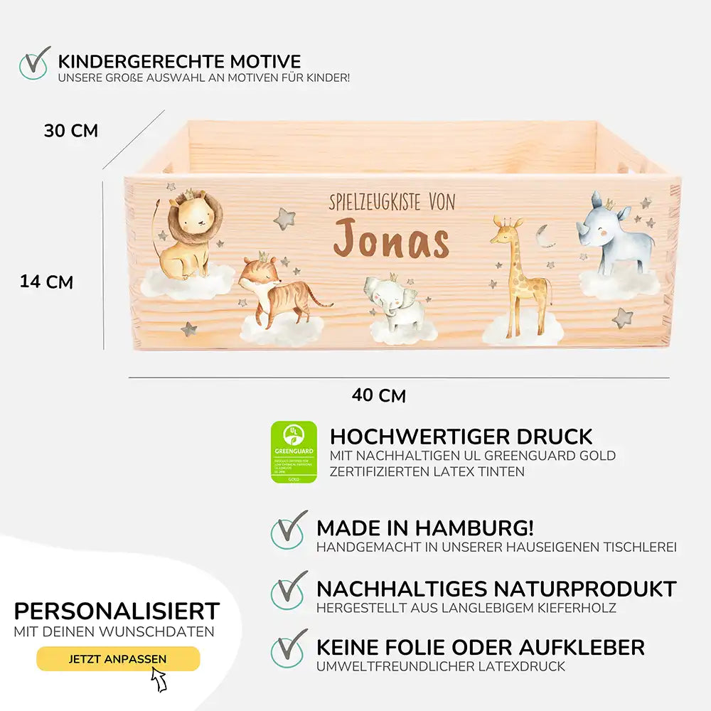 Spielzeugkiste personalisiert mit Namen - Wilde Safari