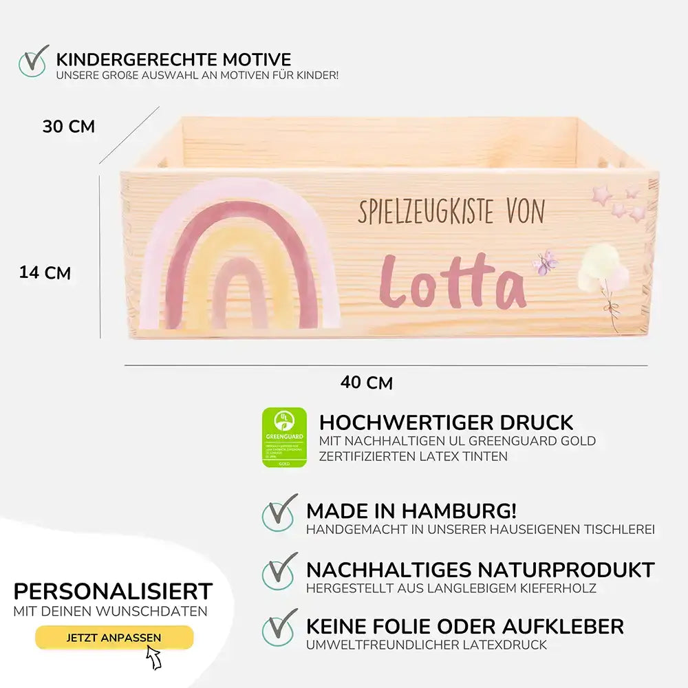 Spielzeugkiste personalisiert mit Namen - Regenbogen