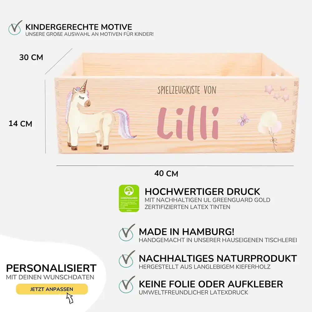 Spielzeugkiste personalisiert mit Namen - Einhornzauber