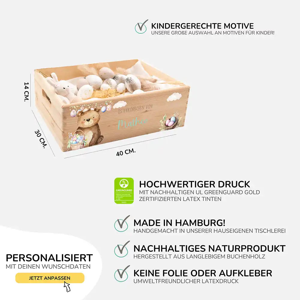 Osterkiste Holz personalisiert - Wolkenbär & Eiernest