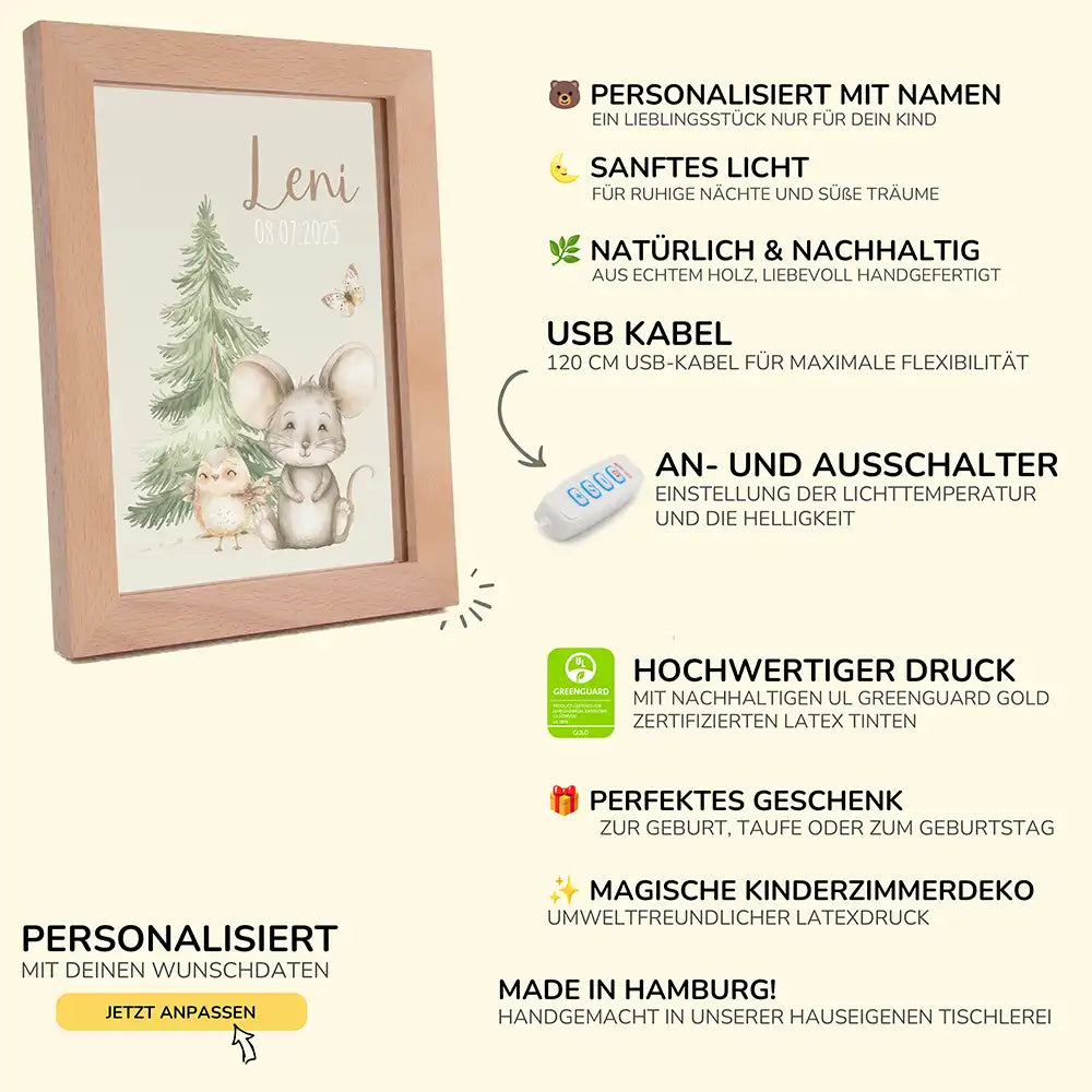 Personalisiertes LED Nachtlicht Bilderrahmen mit Namen - Maus