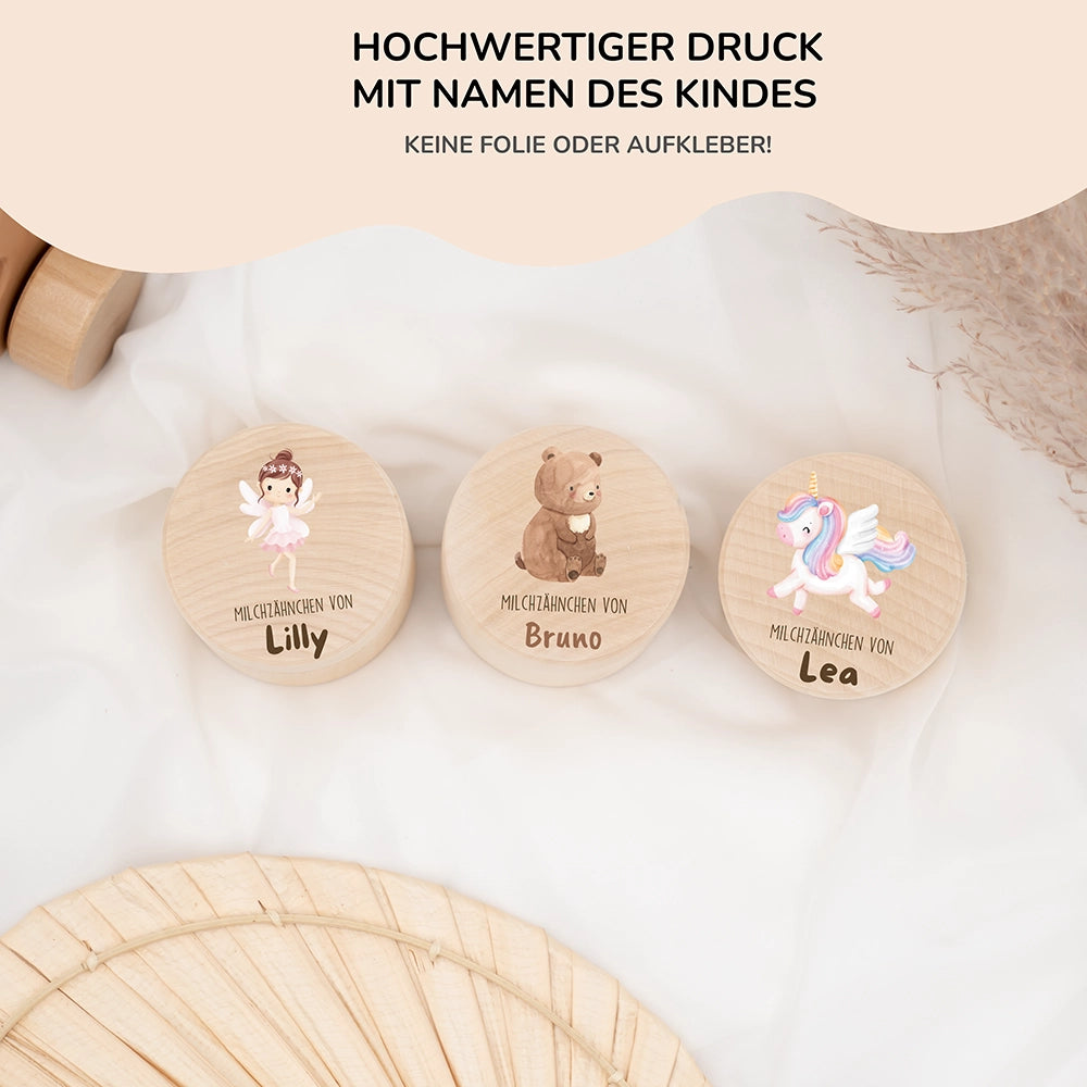 Zahndose Milchzähne personalisiert - Holz Zahnbox mit Wunschnamen - Bär mit Kranz
