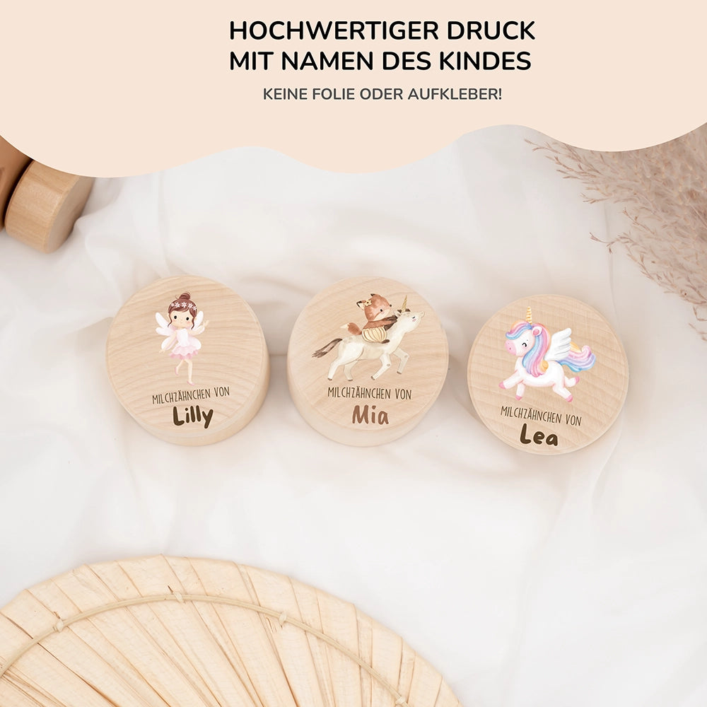 Zahndose Milchzähne personalisiert - Holz Zahnbox mit Wunschnamen - Fuchs auf Einhorn