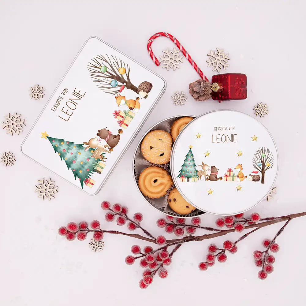 Keksdose aus Metal personalsiert - fröhliche Tiere im Wald