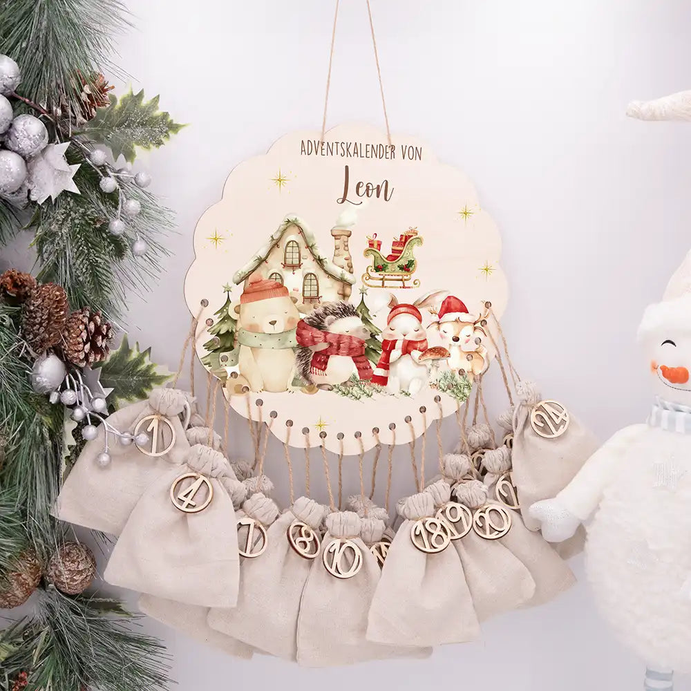 Personalisierter runder Adventskalender Kinder aus Holz  - Waldtiere im Winterzauber