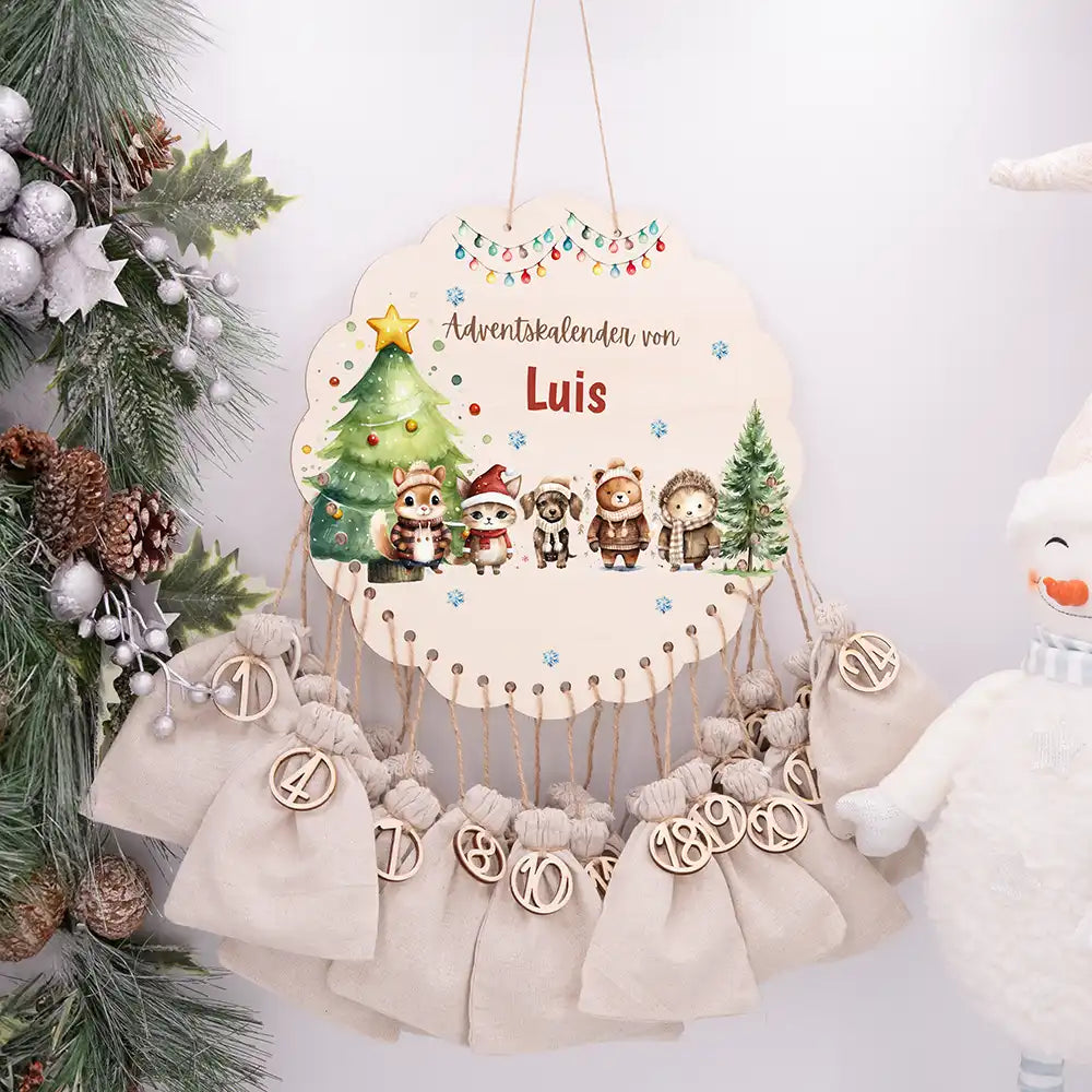 Personalisierter runder Adventskalender Kinder aus Holz  - Winterwaldtiere