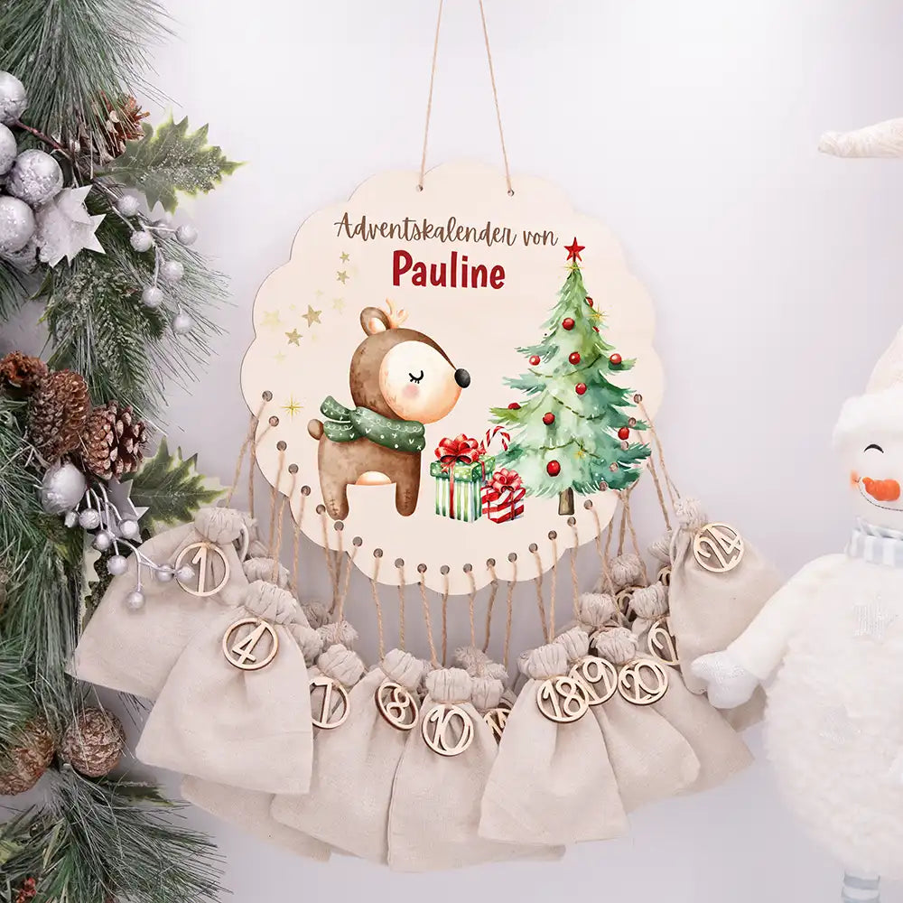 Personalisierter runder Adventskalender Kinder aus Holz  - Baby Reh
