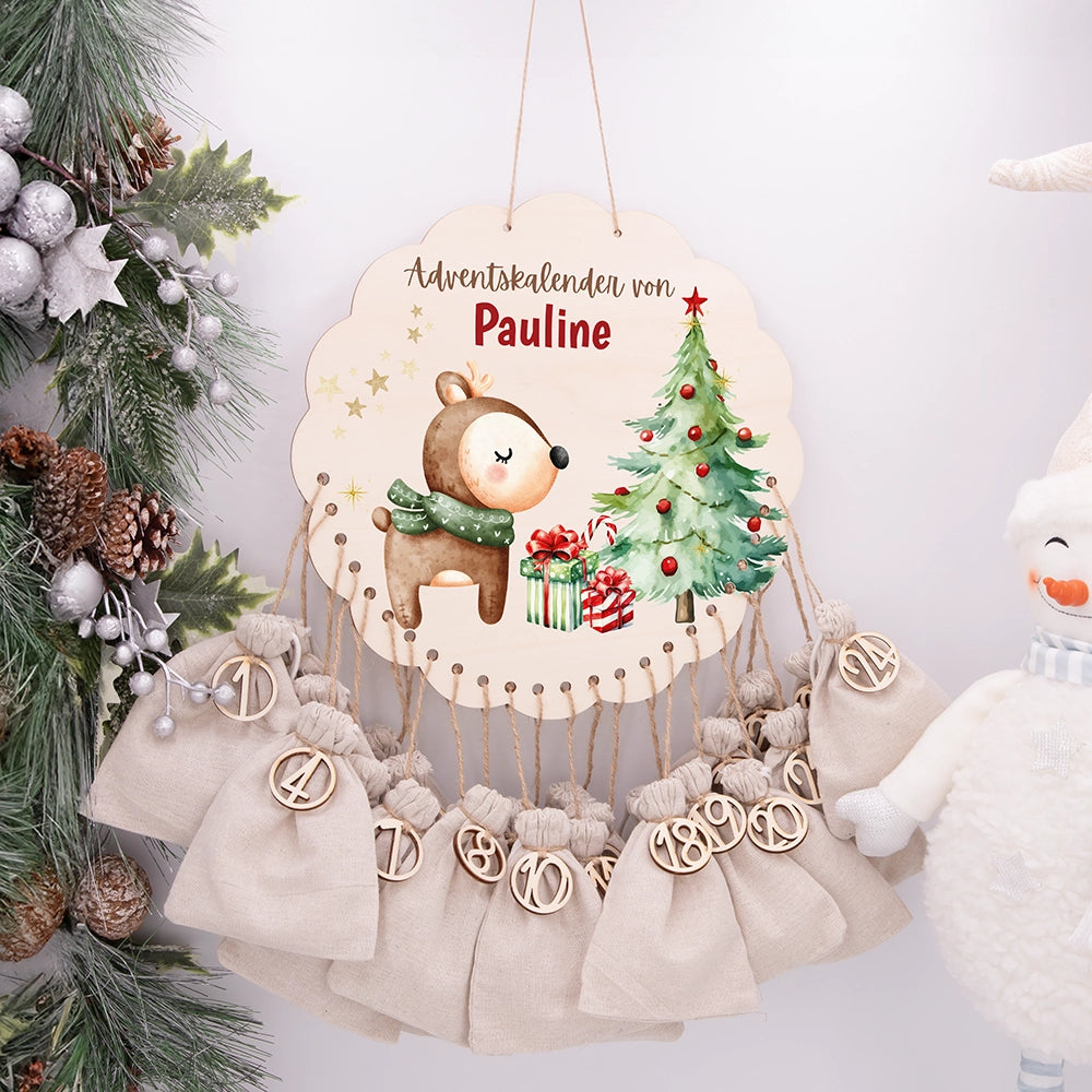 Personalisierter runder Adventskalender Kinder aus Holz  - Baby Reh