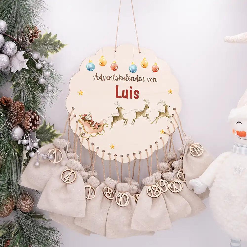 Personalisierter runder Adventskalender Kinder aus Holz  - Rentiere