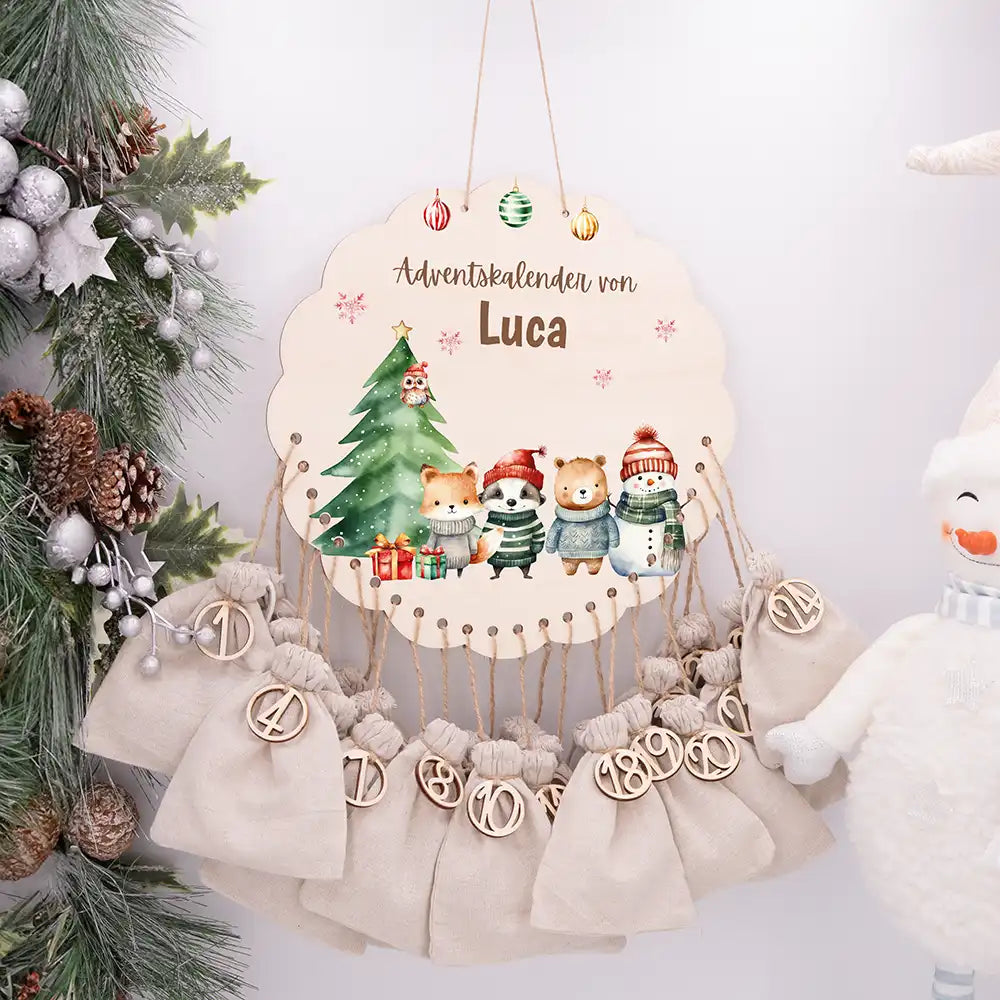 Personalisierter runder Adventskalender Kinder aus Holz  - Tierische Weihnachtsbande