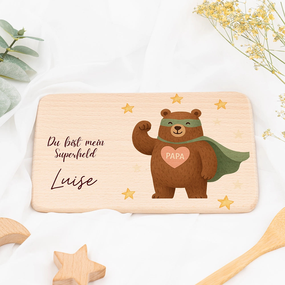 Frühstücksbrettchen Holz Du bist mein Superheld mit Gravur - Geschenk Vatertag