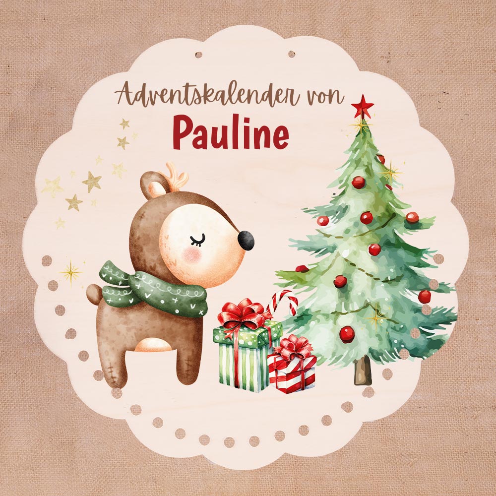 Personalisierter runder Adventskalender Kinder aus Holz  - Baby Reh