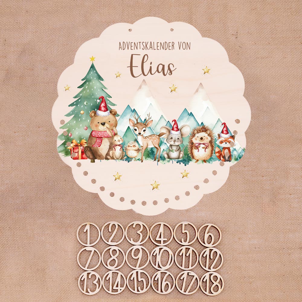 Personalisierter runder Adventskalender Kinder aus Holz  - Winterwald & seine Bewohner