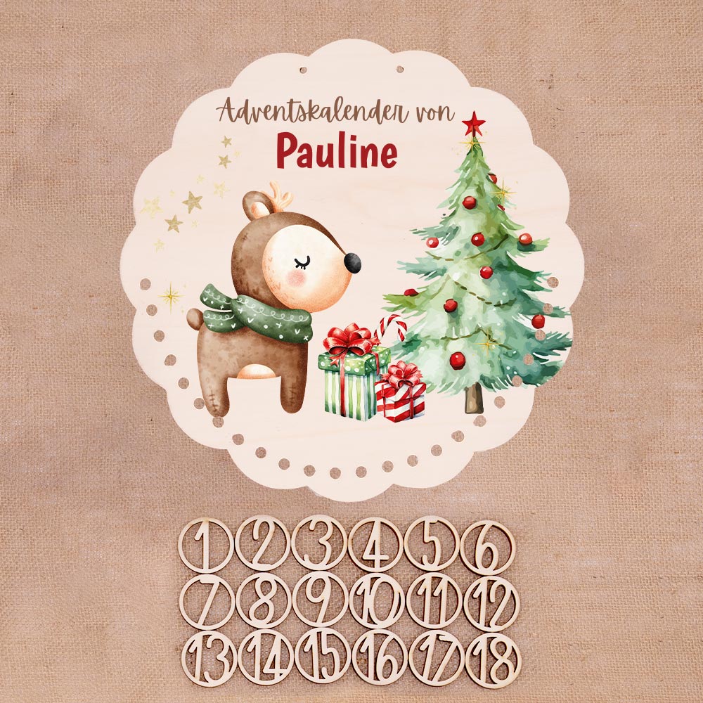 Personalisierter runder Adventskalender Kinder aus Holz  - Baby Reh