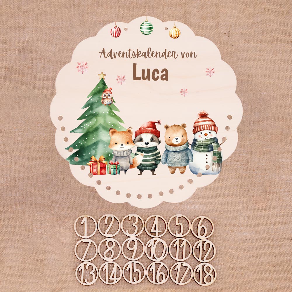 Personalisierter runder Adventskalender Kinder aus Holz  - Tierische Weihnachtsbande
