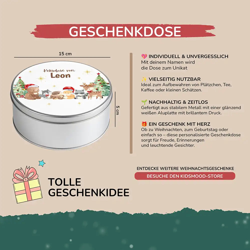 Keksdose aus Metal personalisiert - Weihnachtliche Waldtiere