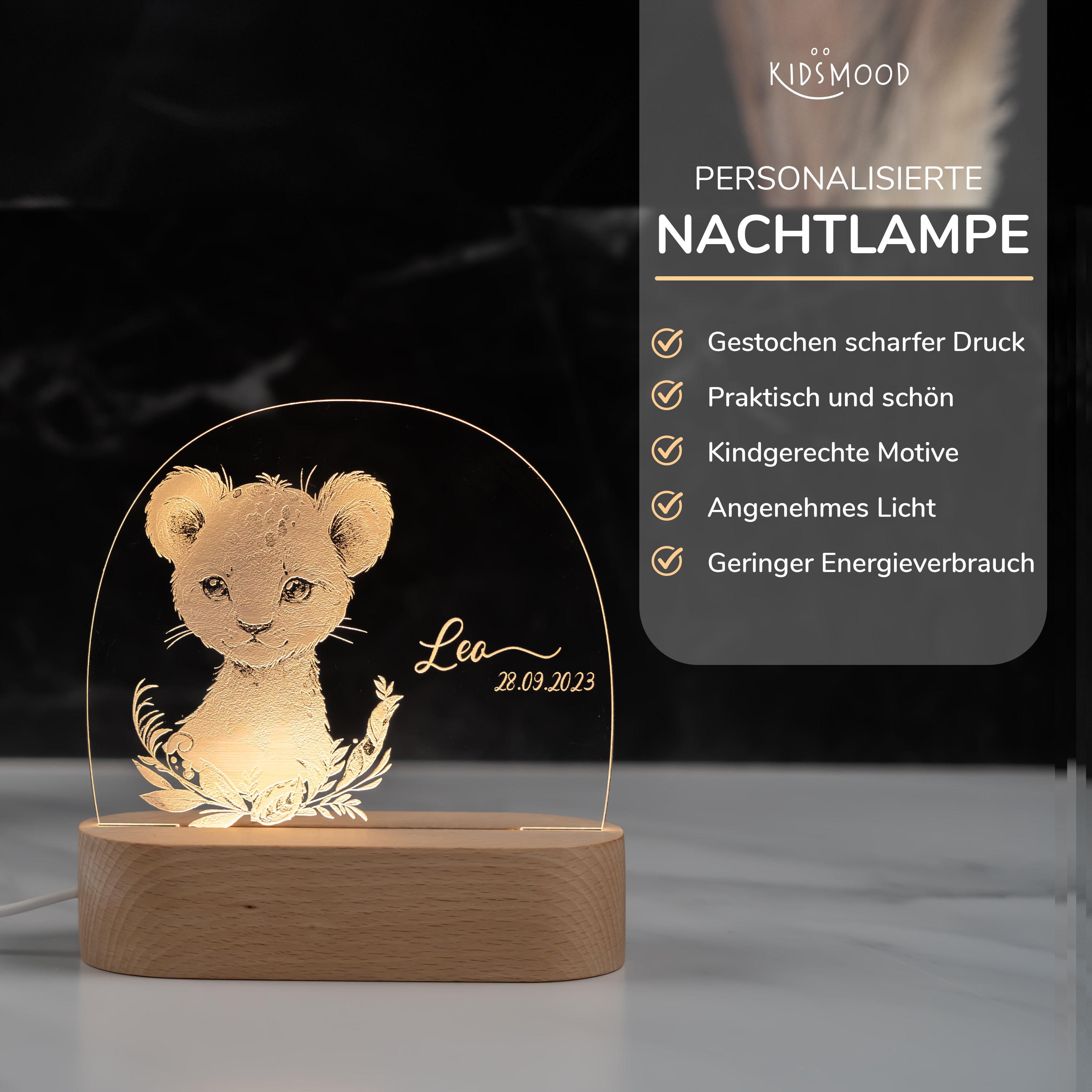 Personalisierte Nachtlampe für Kinder - Baby Löwe - Name und Geburtsdatum