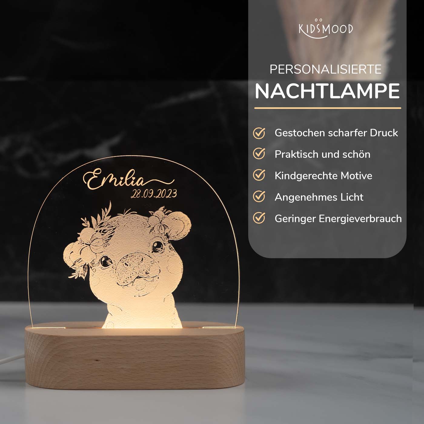 Personalisierte Nachtlampe für Kinder - Nilpferd - Name und Geburtsdatum