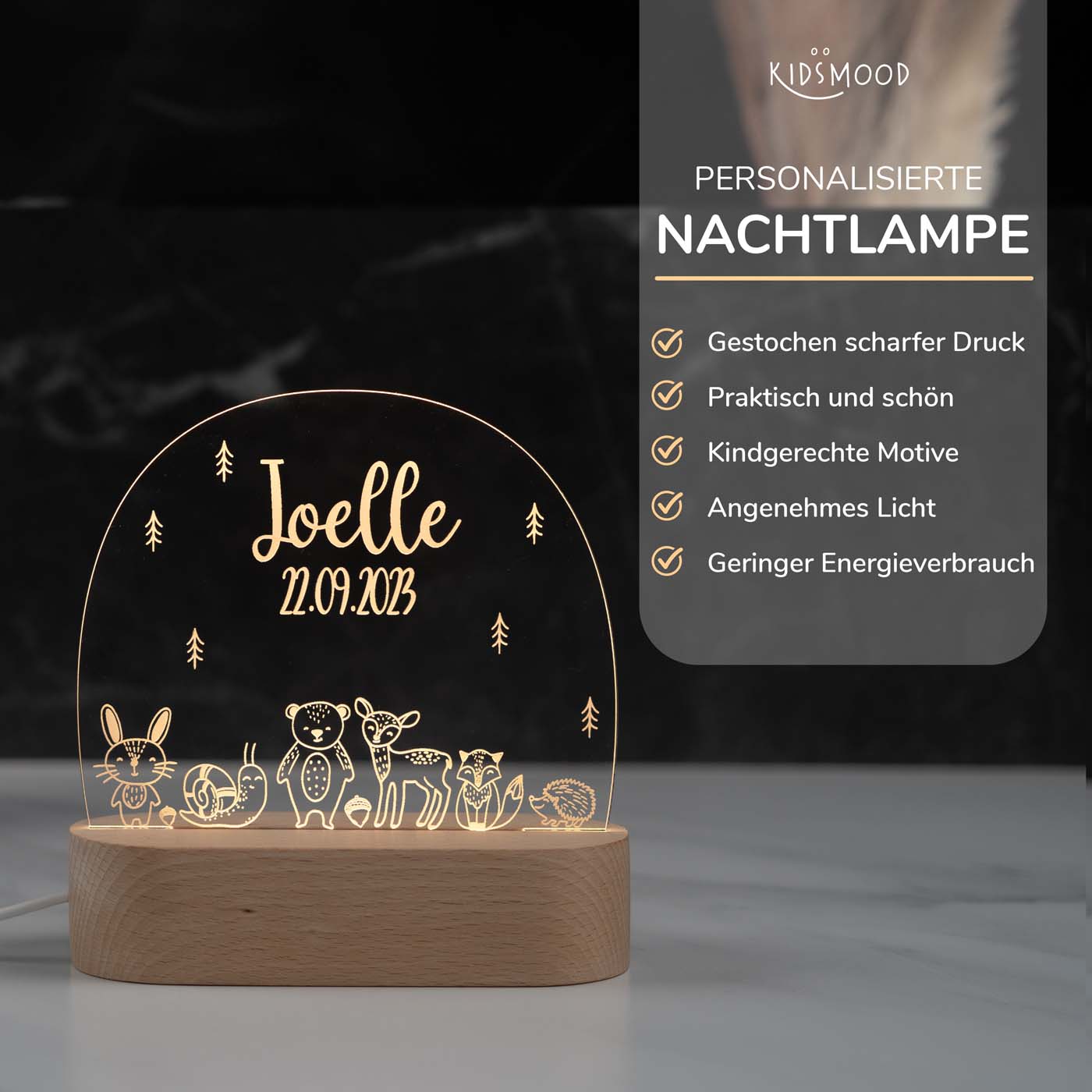 Personalisierte Nachtlampe für Kinder - Baby Waldtiere - Name und Geburtsdatum