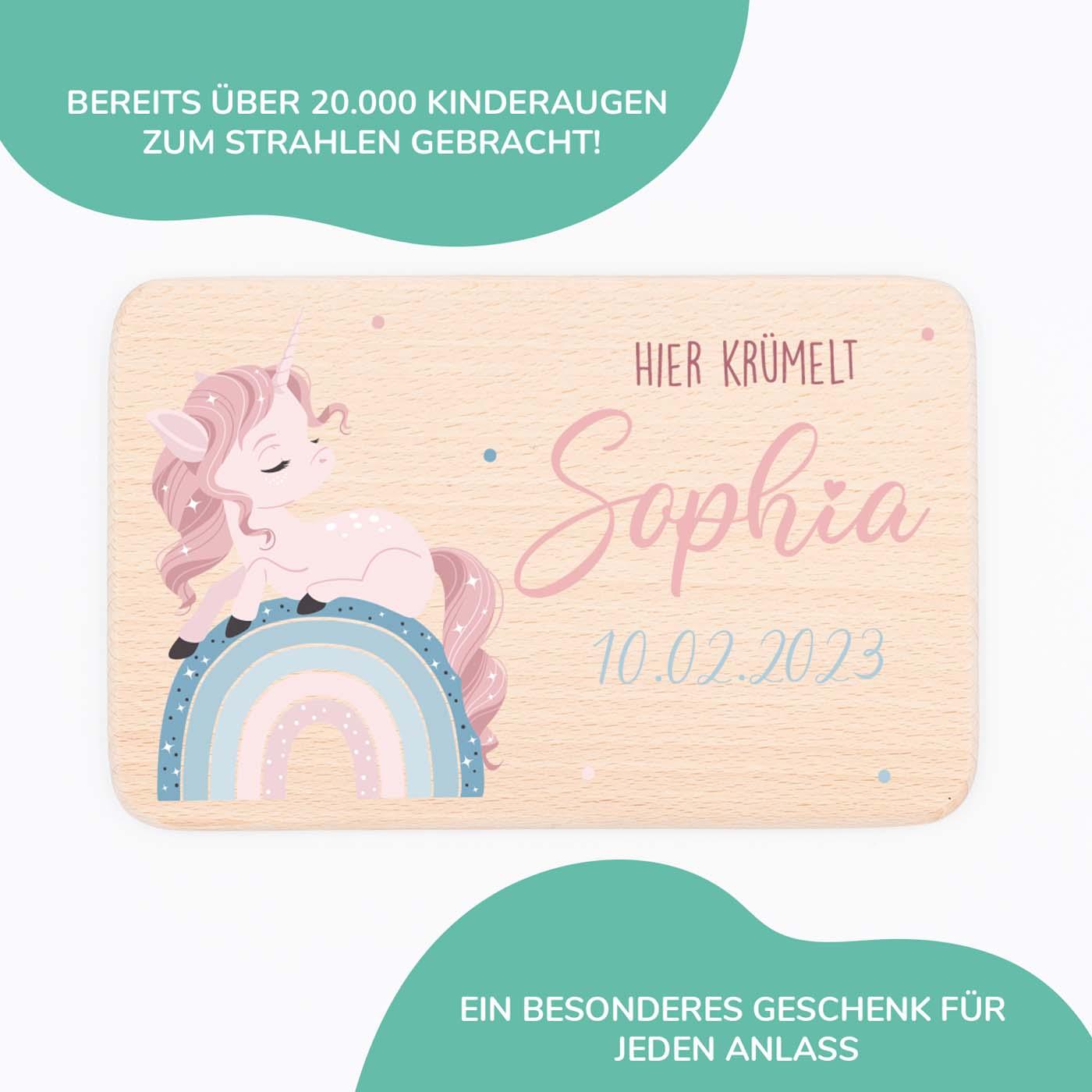 Personalisiertes Frühstücksbrettchen Einhorn Regenbogen