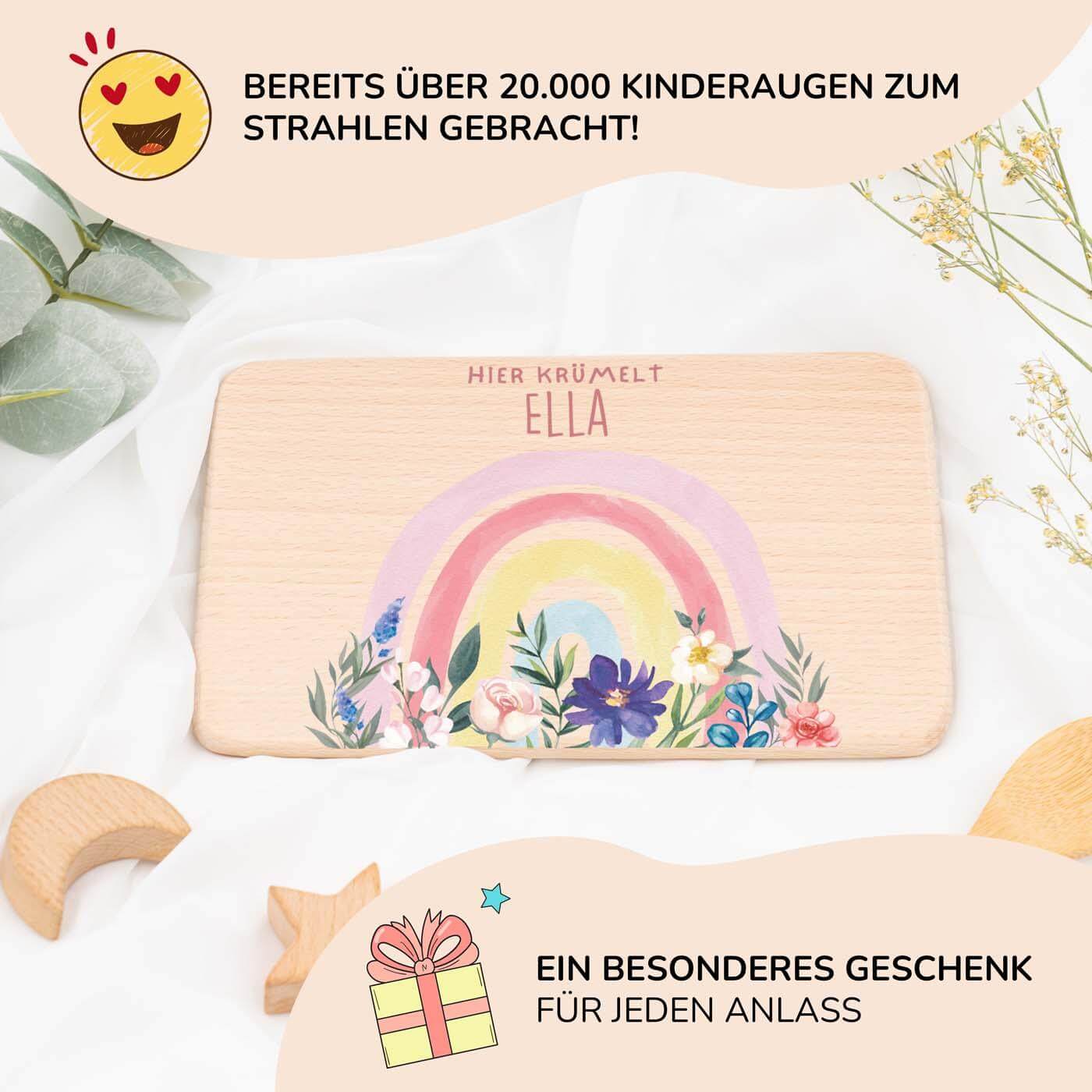 personalisiertes geschenk frühstücksbrettchen mit blumen-regenbogen design