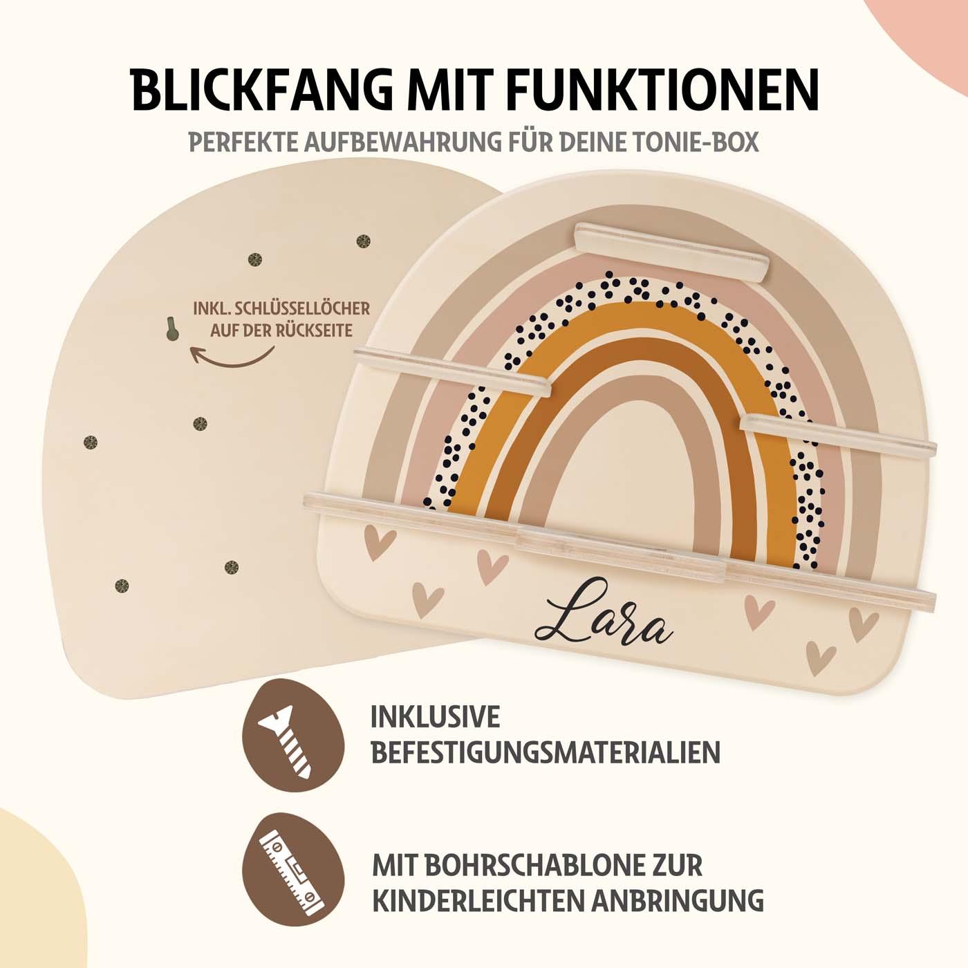 Tonie shelf with regenbogen, heart design, and personalized name