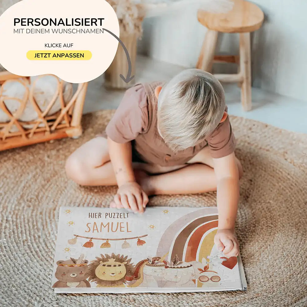 Kinderpuzzle personalisiert mit Namen - Boho Tiere mit Regenbogen