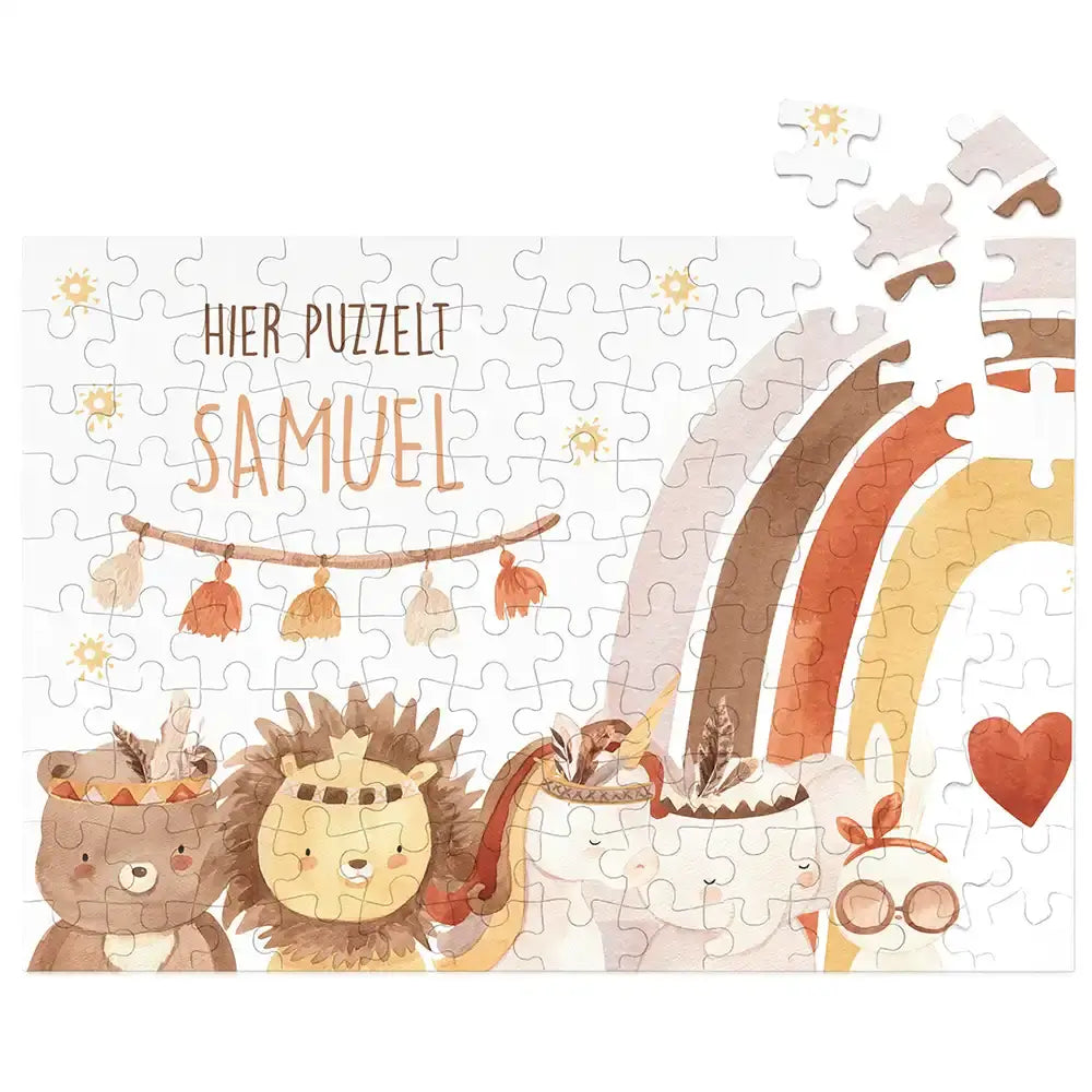 Kinderpuzzle personalisiert mit Namen - Boho Tiere mit Regenbogen