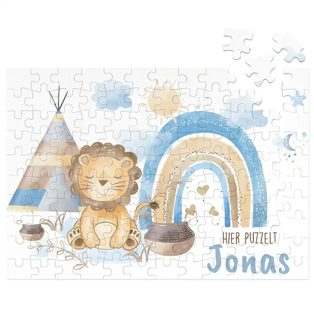 Kinderpuzzle personalisiert mit Namen - Löwe mit Regenbogen