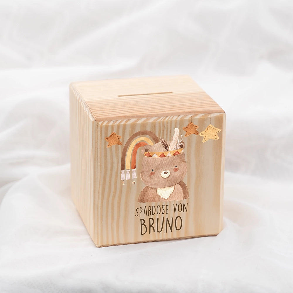 Spardose Kinder, Sparschwein personalisiert bunt - Boho Bär