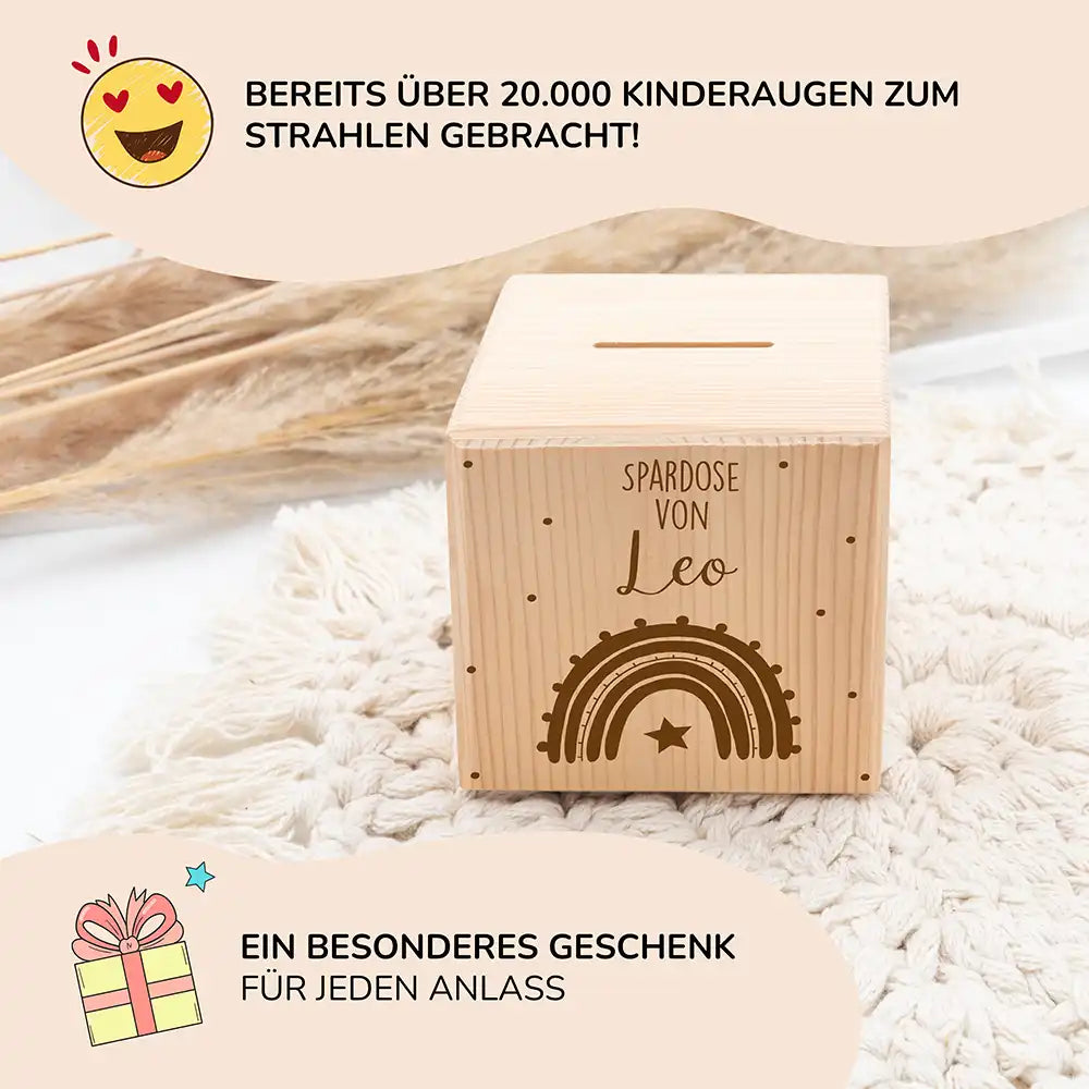 Spardose Holz personalisiert - Regenbogen mit Stern