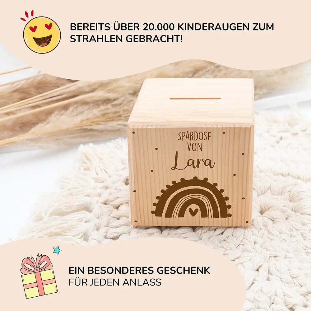 Spardose Holz personalisiert - Regenbogen mit Herz