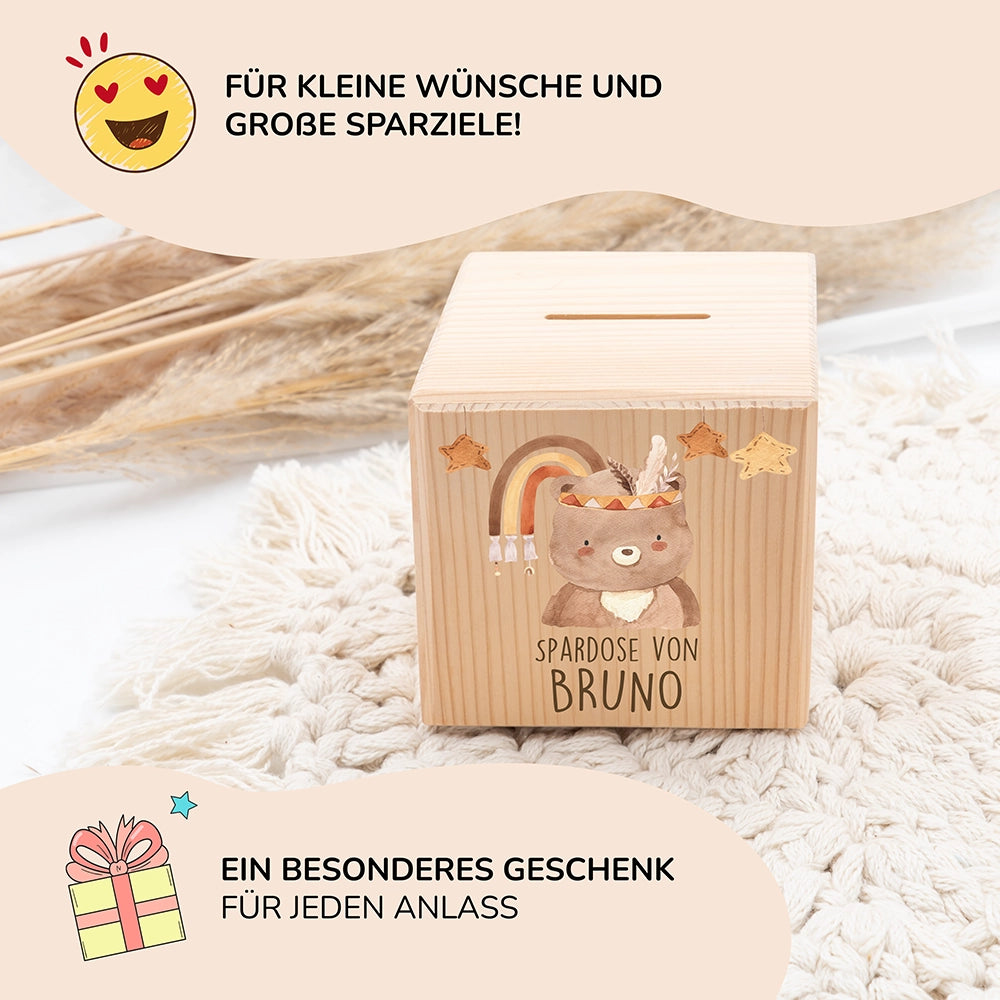 Spardose Kinder, Sparschwein personalisiert bunt - Boho Bär
