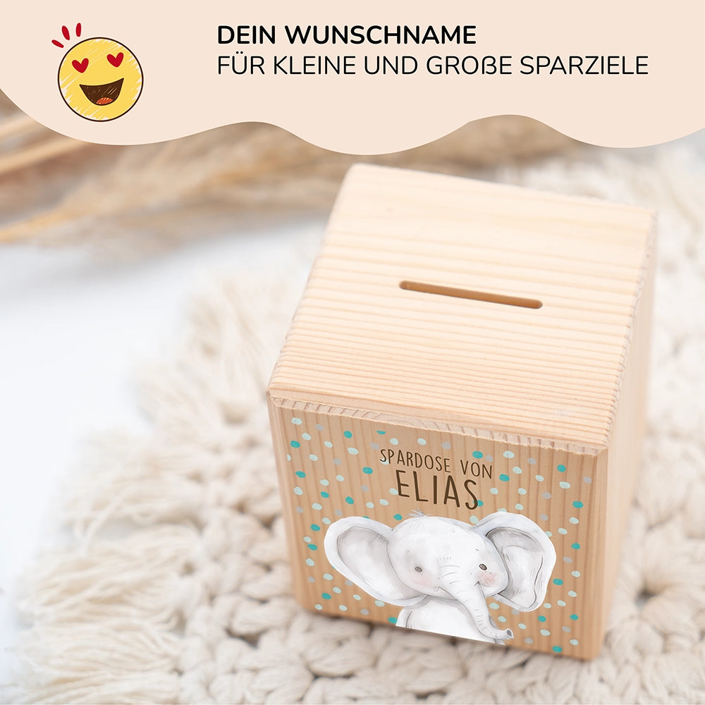 Spardose Kinder, Sparschwein personalisiert bunt - Elefant mit Pünktchen