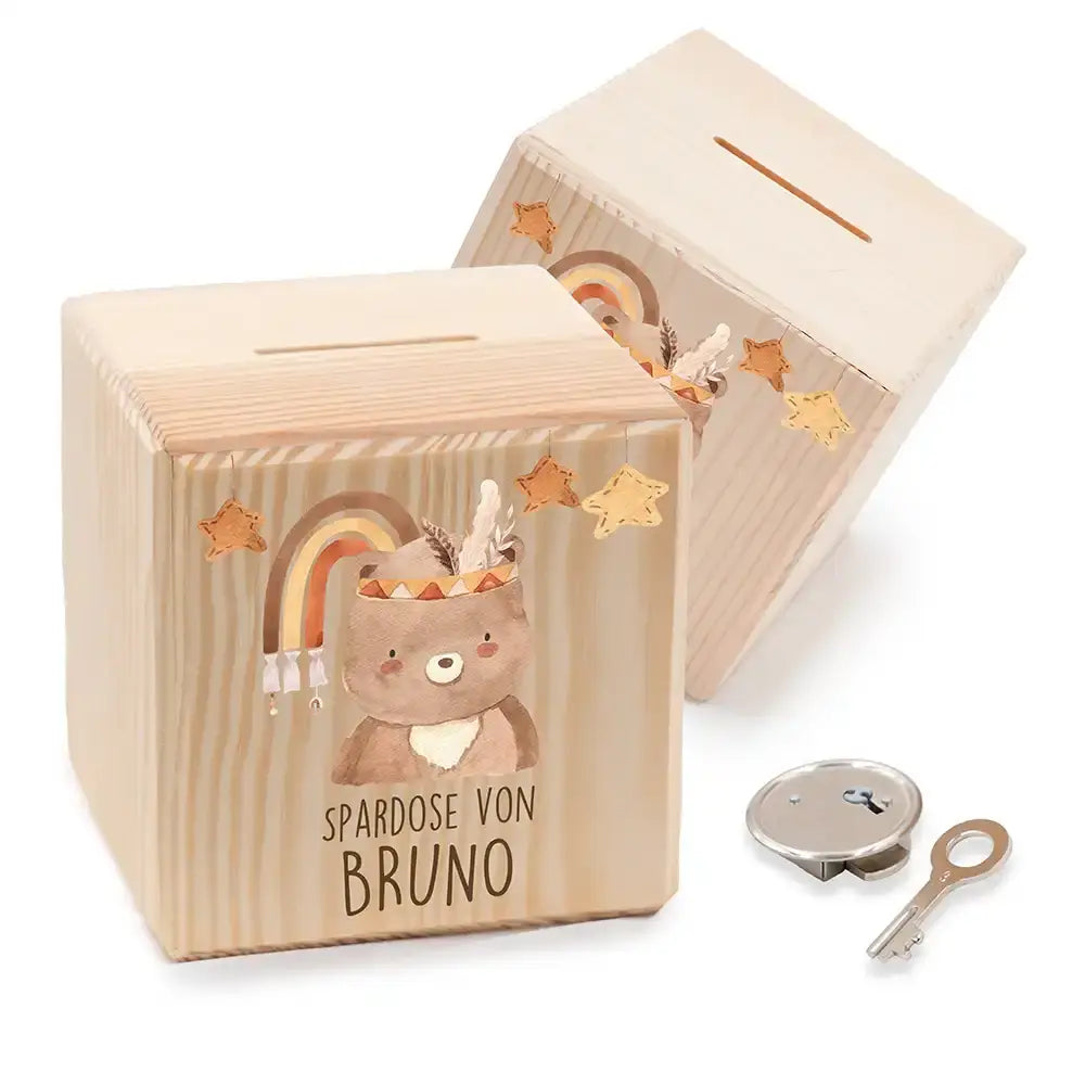 Spardose Kinder, Sparschwein personalisiert bunt - Boho Bär