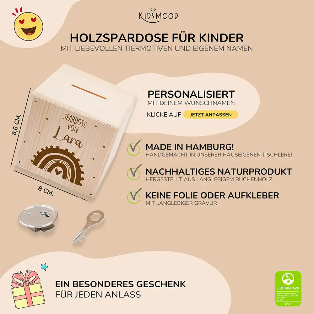 Spardose Holz personalisiert - Regenbogen mit Herz