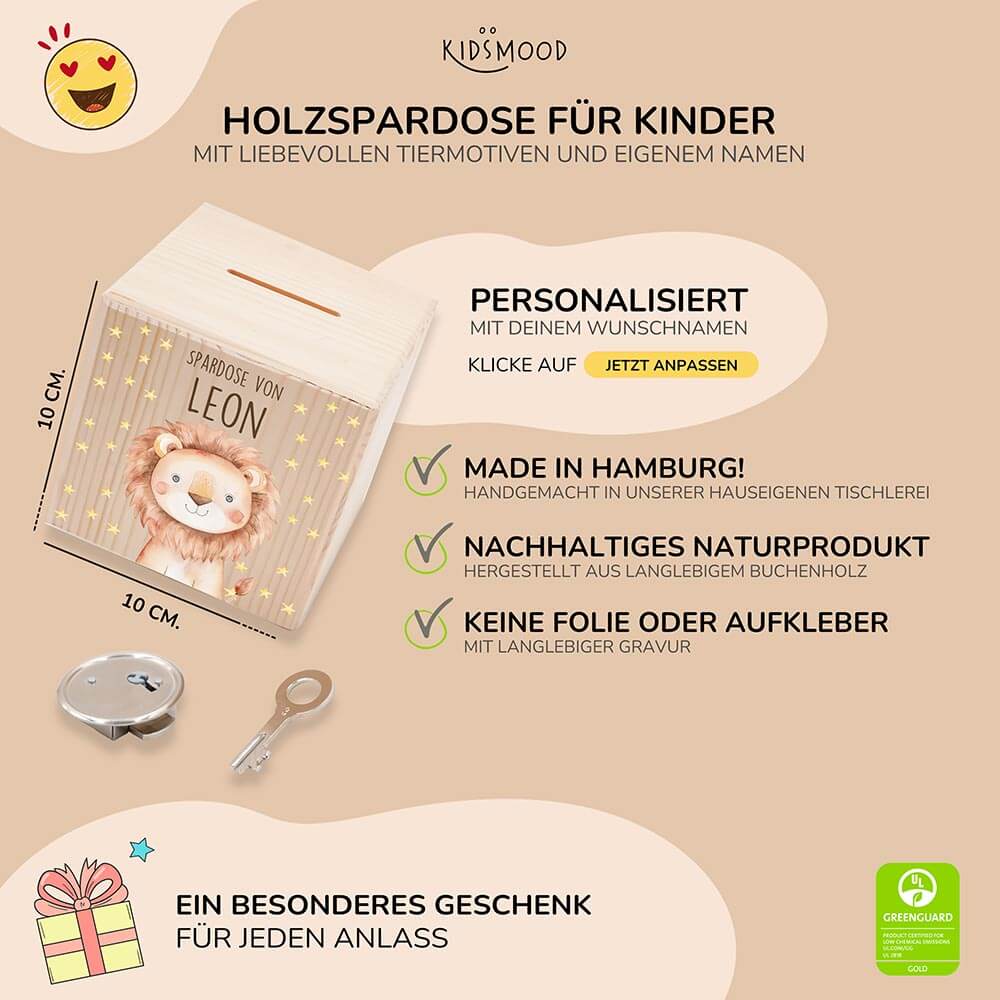 Spardose Kinder, Sparschwein personalisiert bunt - Löwe