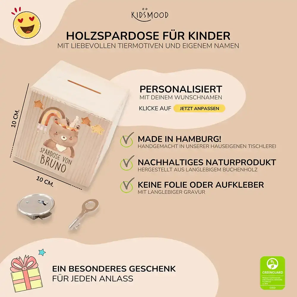 Spardose Kinder, Sparschwein personalisiert bunt - Boho Bär