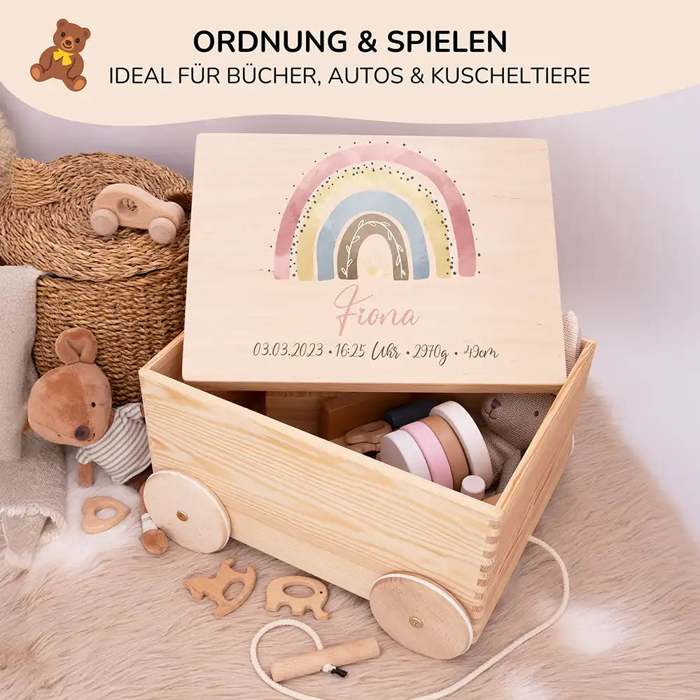 Spielzeugkiste mit Rädern personalisiert - Regenbogen