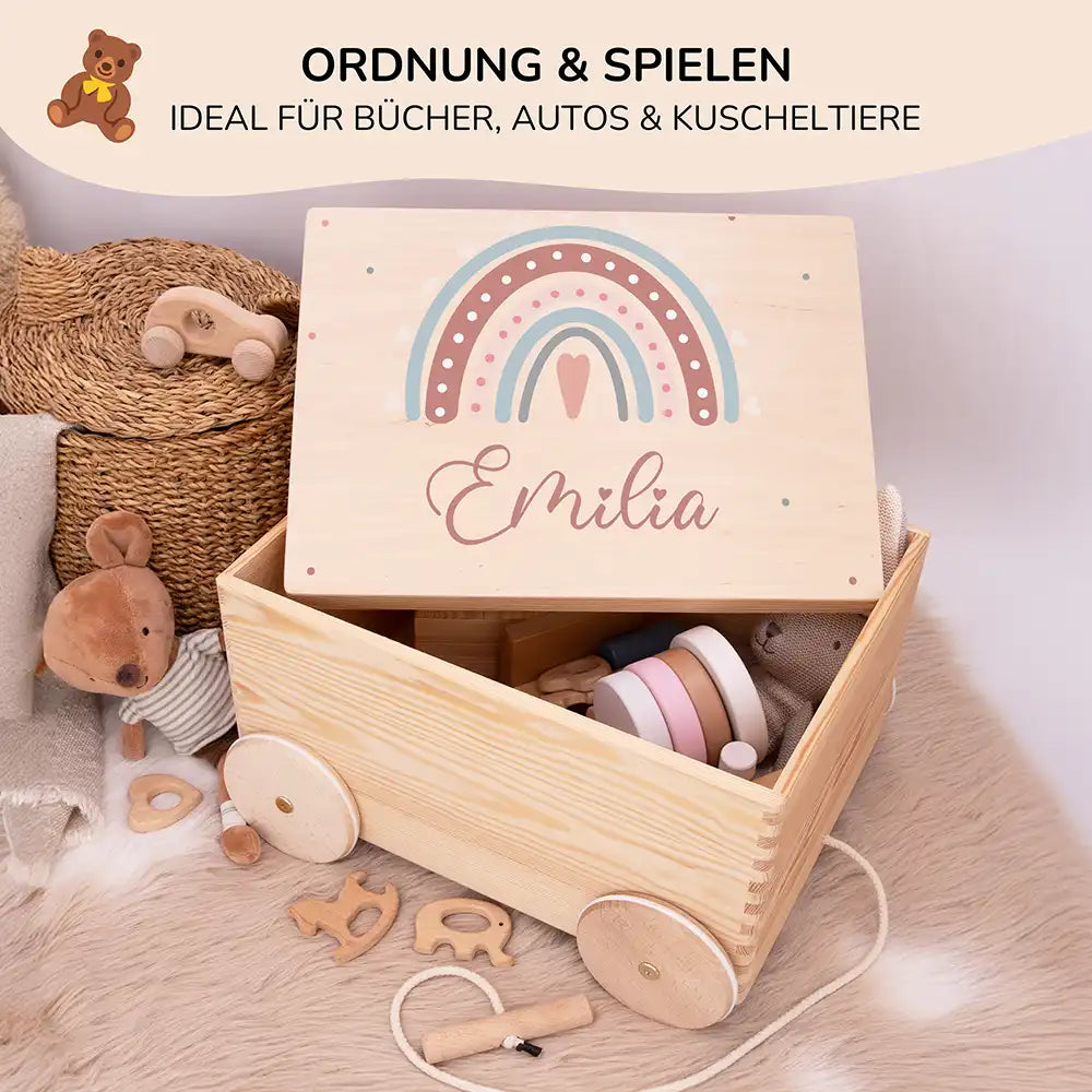 Spielzeugkiste mit Rädern personalisiert - Niedlicher Regenbogen