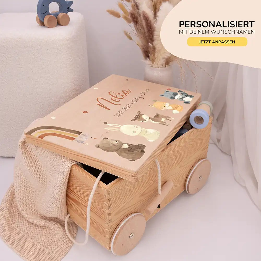 Spielzeugkiste mit Rädern personalisiert - Tierfreunde