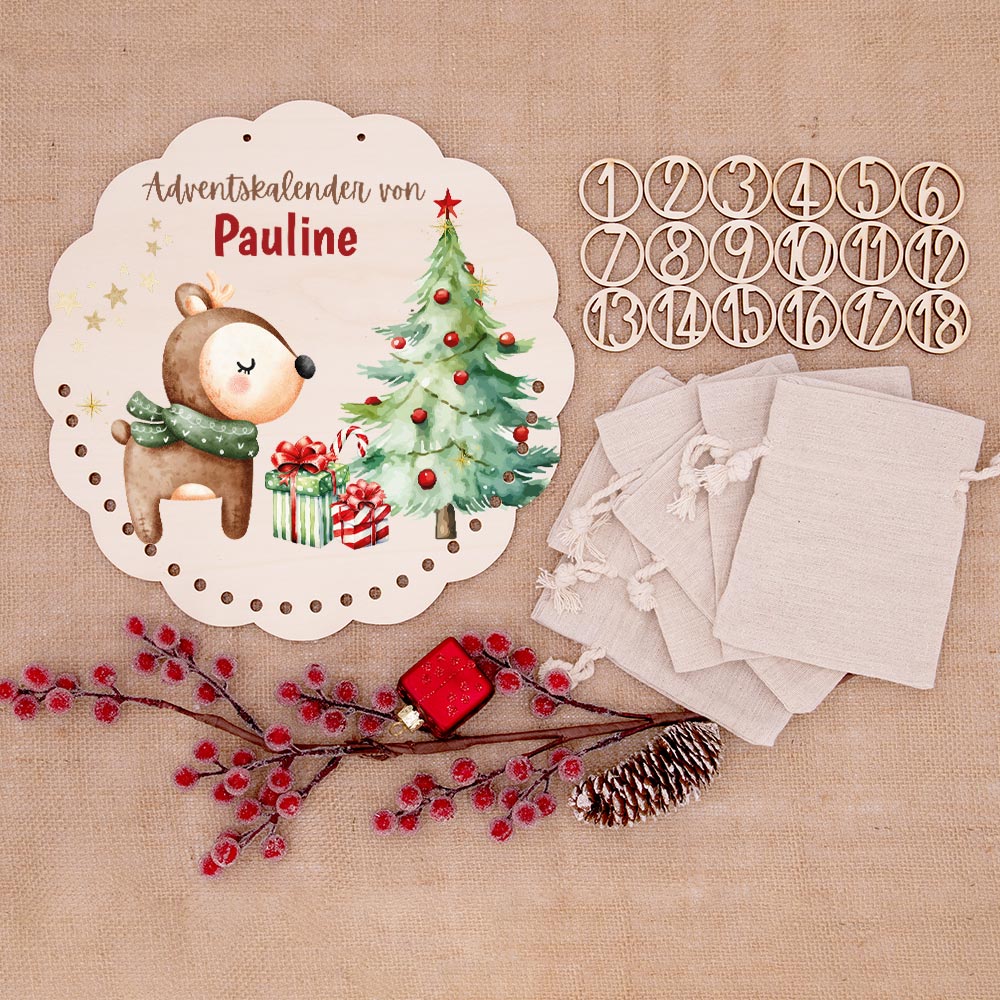 Personalisierter runder Adventskalender Kinder aus Holz  - Baby Reh
