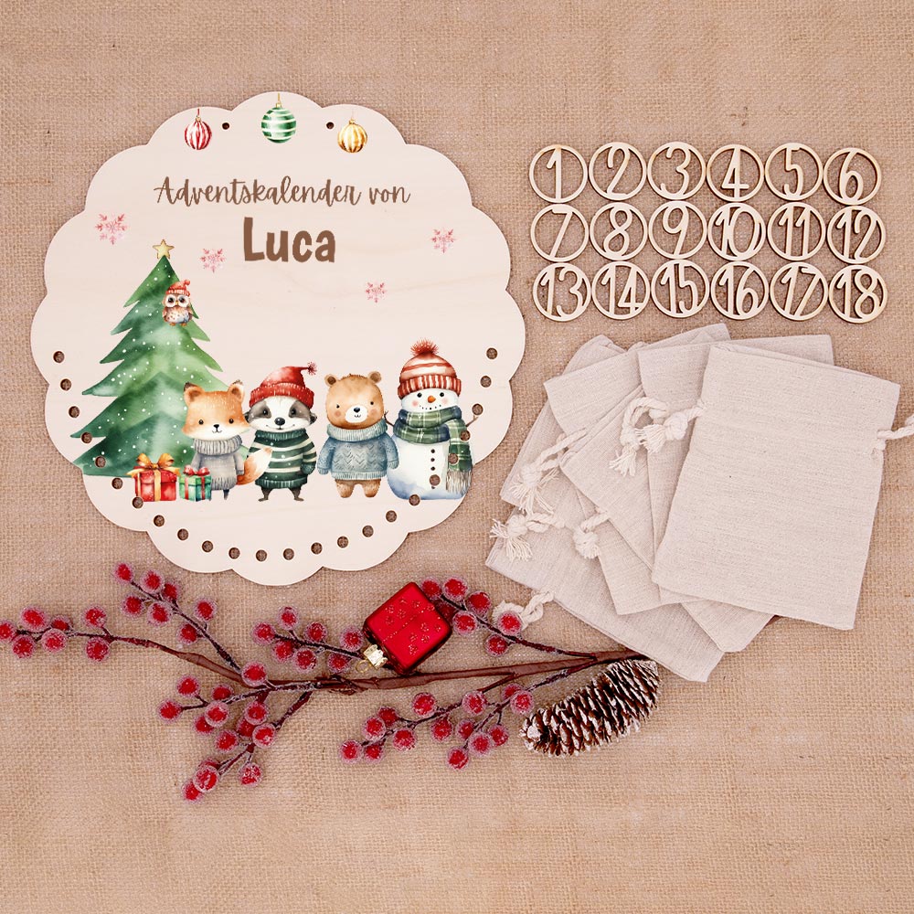 Personalisierter runder Adventskalender Kinder aus Holz  - Tierische Weihnachtsbande
