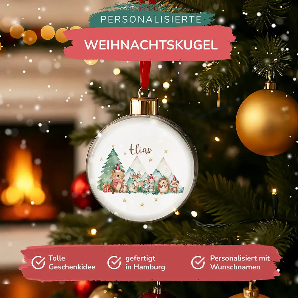 Weihnachtskugel personalisiert mit Namen - Süße Fellwesen im Frostzauber