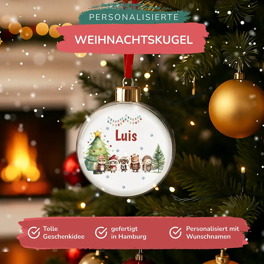 Weihnachtskugel personalisiert mit Namen - Zarte Waldfreunde mit Winterzauber