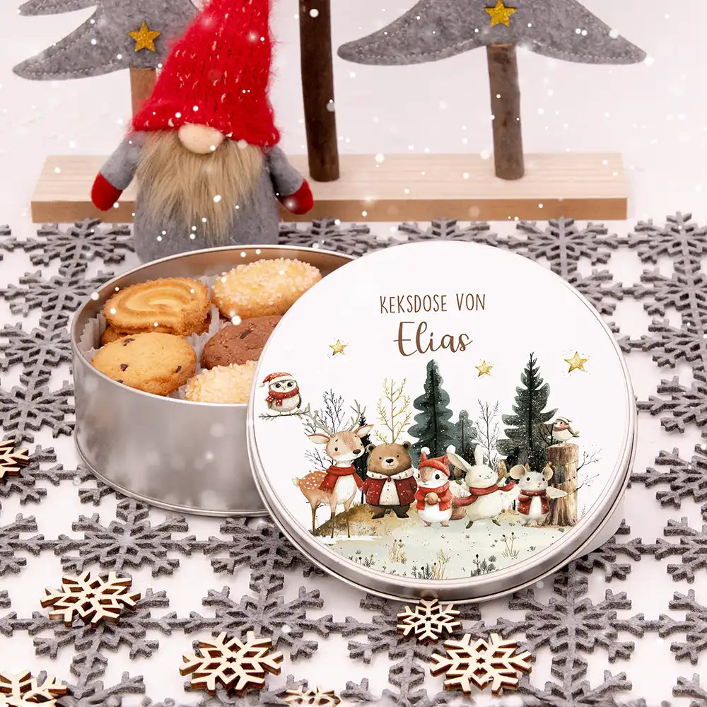 Keksdose aus Metal personalisiert - Weihnachtsfreunde im Schnee